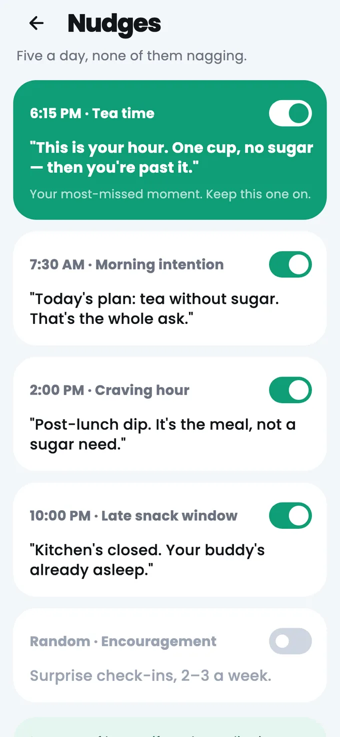 The Nudges screen with five reminder slots