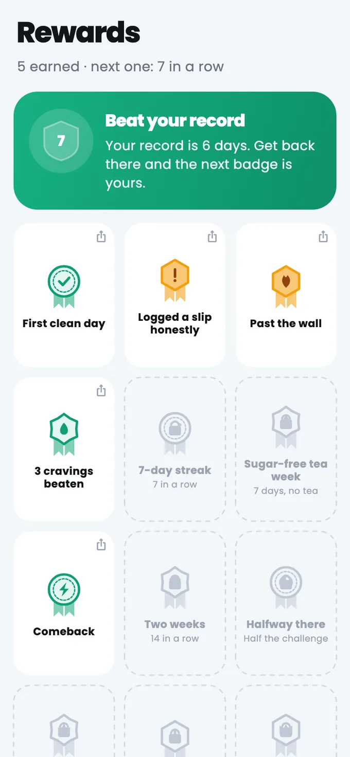 The Rewards screen with earned and locked badges