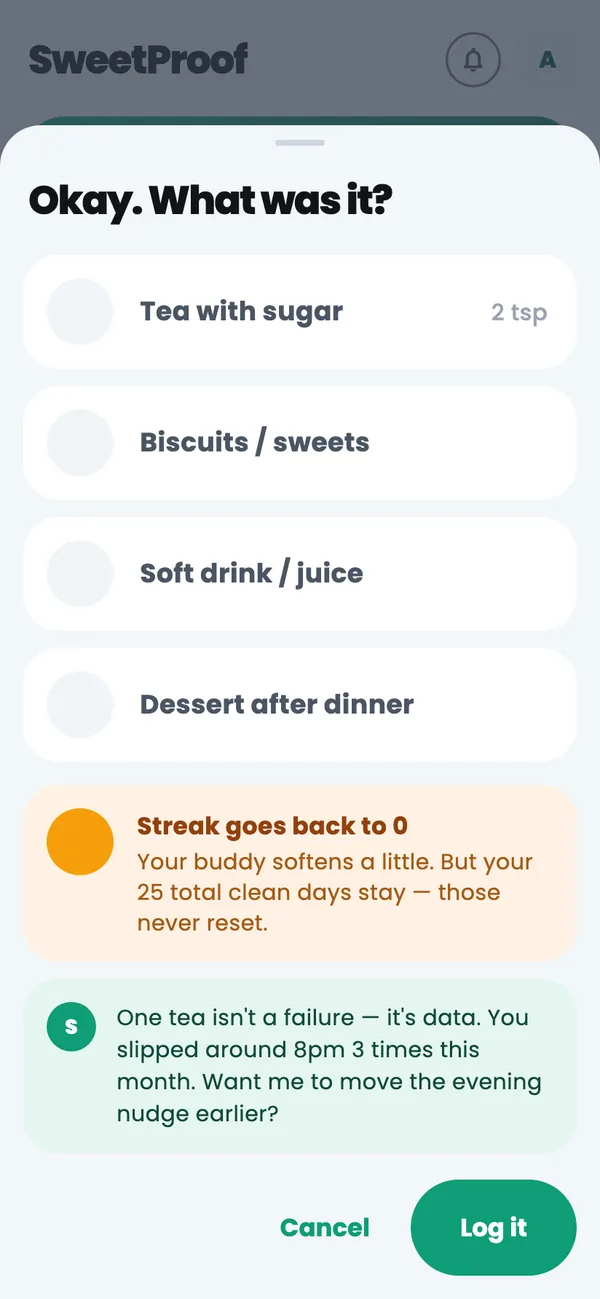 Logging a slip, with a note that total clean days never reset
