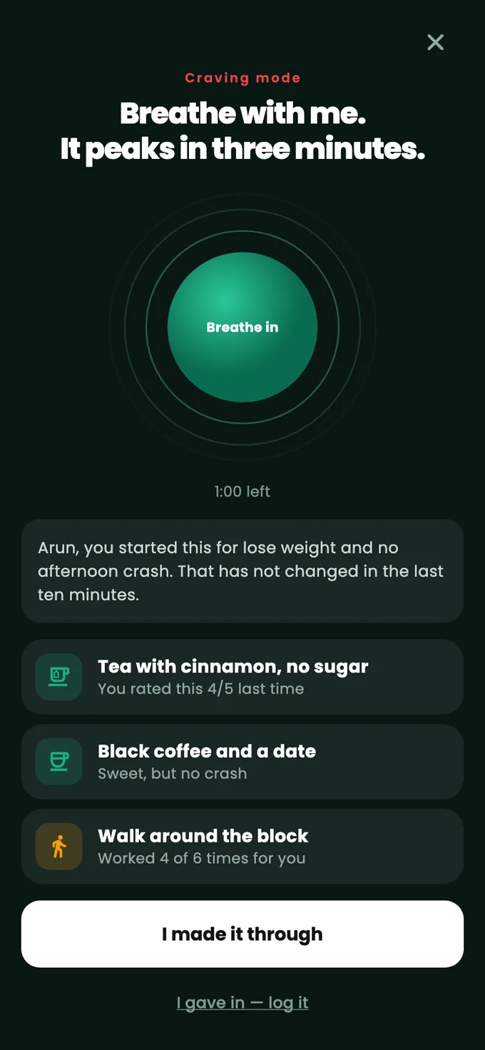 The craving SOS screen with a breathing circle and swap suggestions